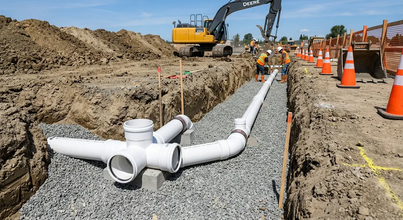 New PVC sewer pipe installation in open trench for Grease Trap Cleaning in Fairfield