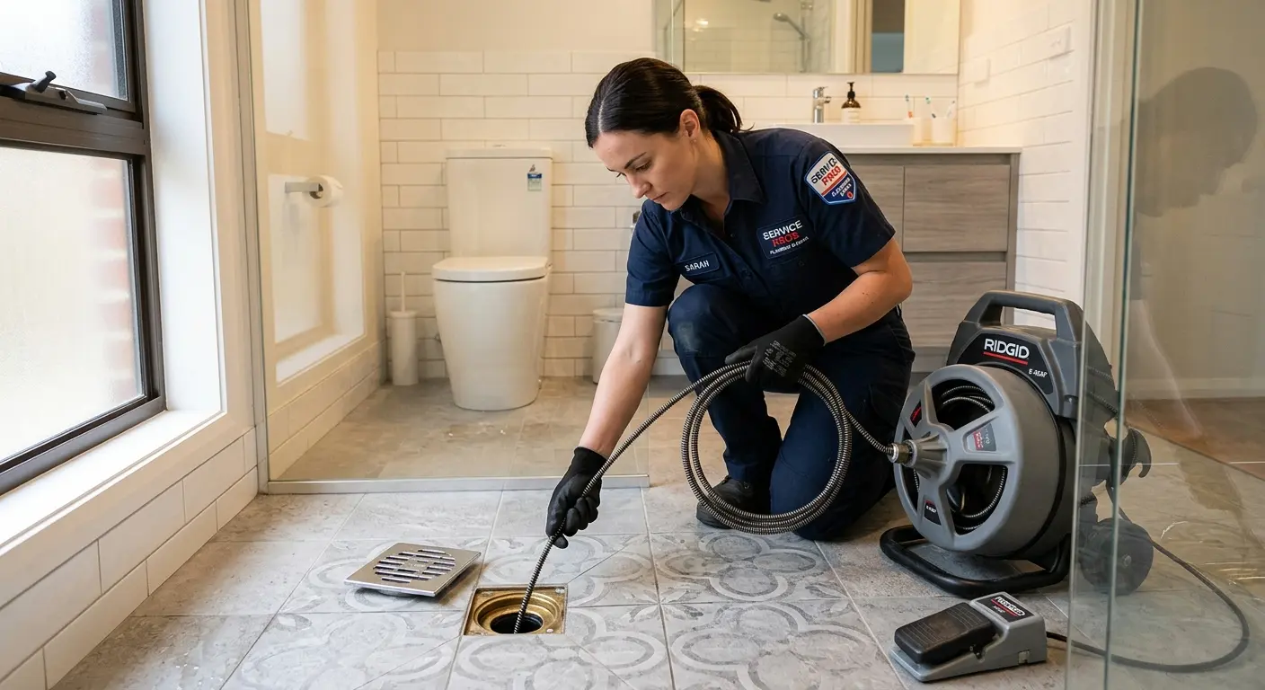 Technician clearing a bathroom floor drain for Sewer Line Installation in Fairfield